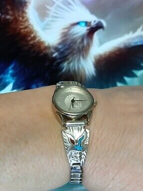 Sterling Silver Inlaid Turquoise/Coral Navajo Thunderbird Tips-Indian Head Watch